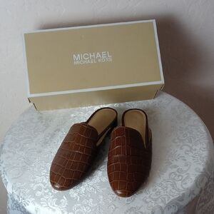 Michael Kors Brown Croc-Embossed Leather Mules
